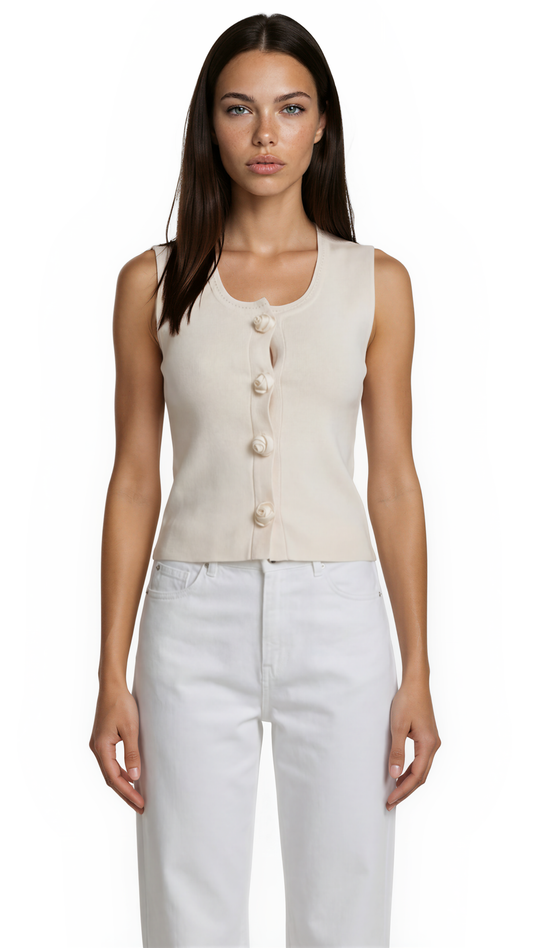 Beige Rosette Button Top