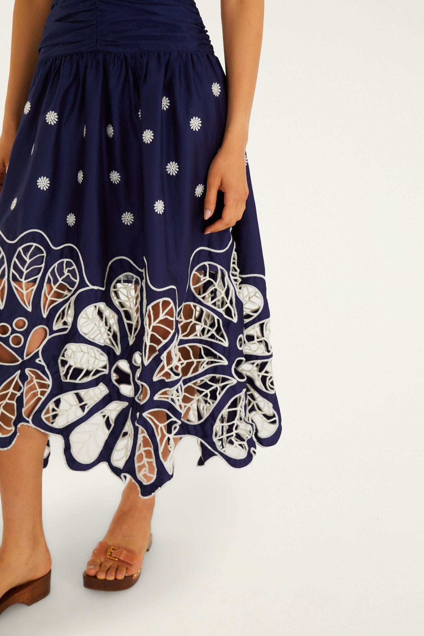 Navy Blue Embroidered Richelieu Midi Dress