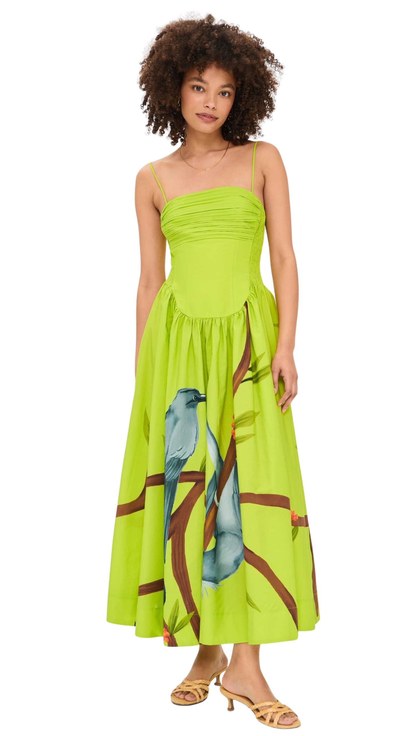 Green Birds Smocked Maxi Dress
