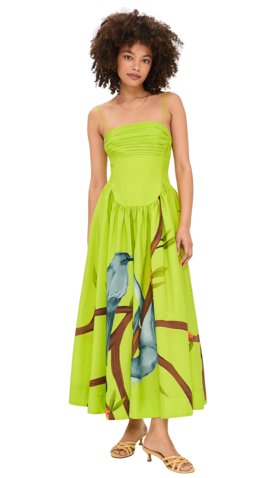 Green Birds Smocked Maxi Dress