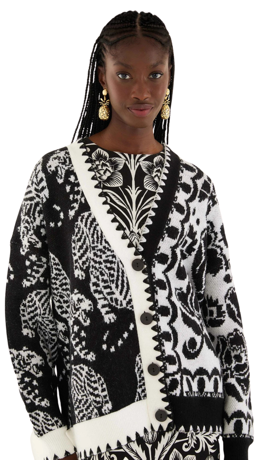 Black & White Mixed Striped Tigers Buttoned Knit Cardigan