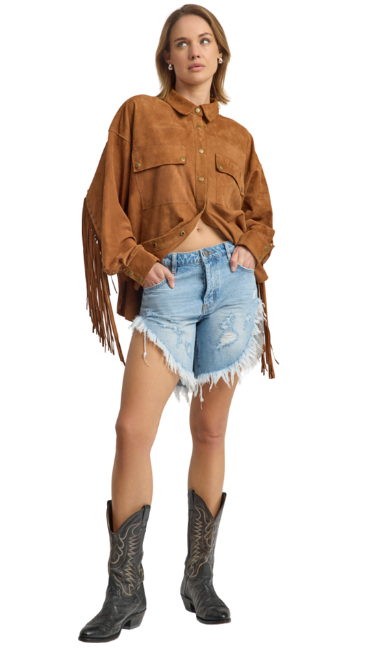 Frankies Low Waist Long Length Denim Shorts - Riviera Blue