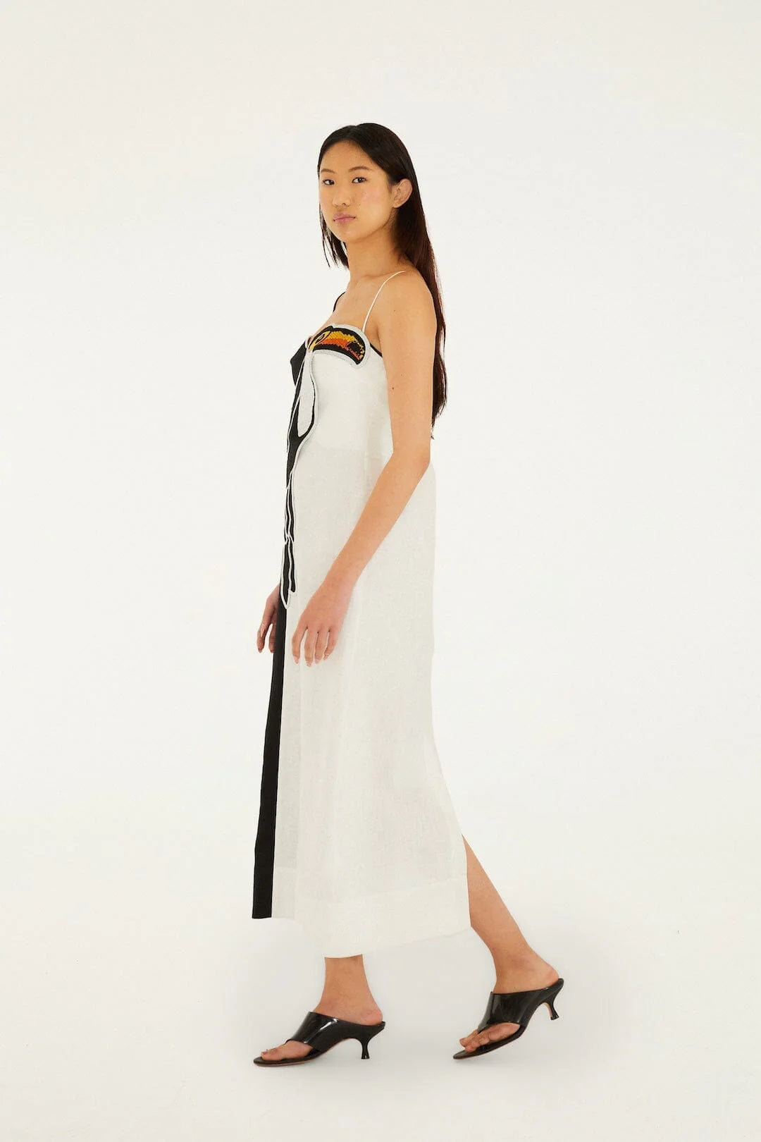 Black And White Embroidered Toucan Maxi Dress