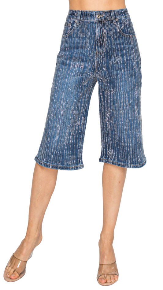 Starlight Crystal Denim Shorts-Blue