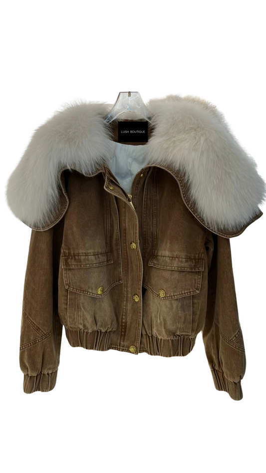 Celine Denim Fox Fur Jacket -Brown