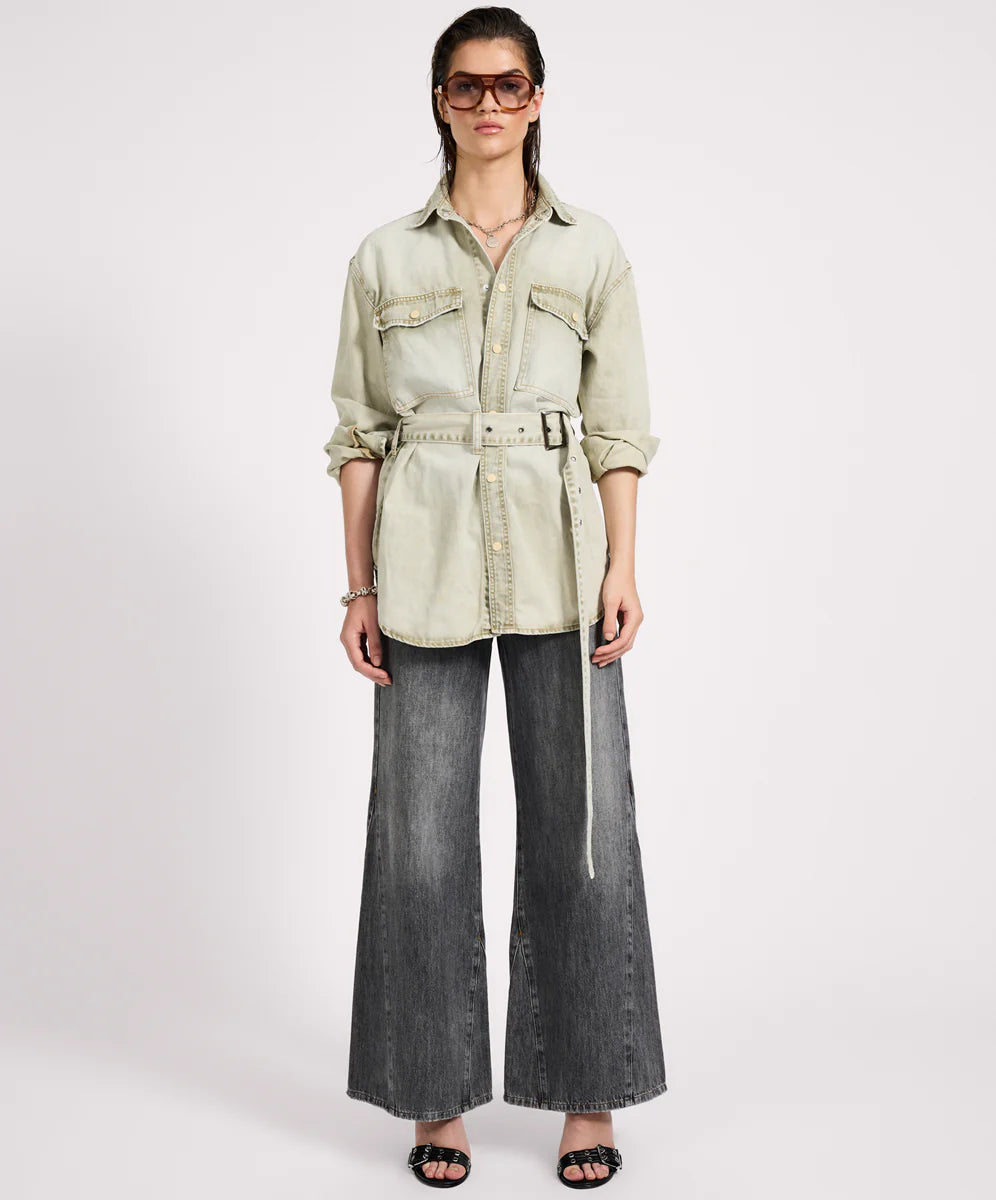 Belted Longline Denim Shirt - Antique Khaki
