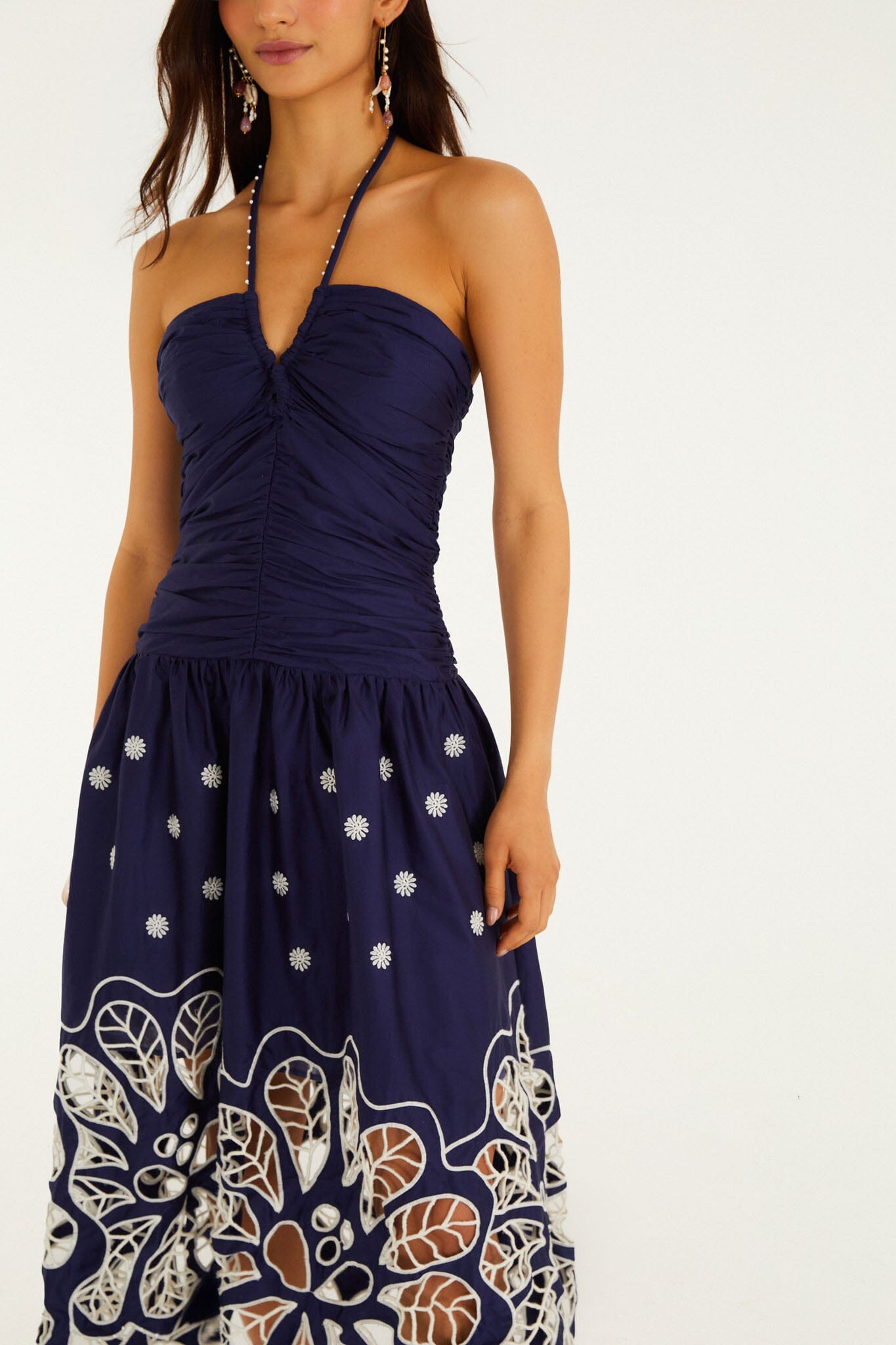 Navy Blue Embroidered Richelieu Midi Dress