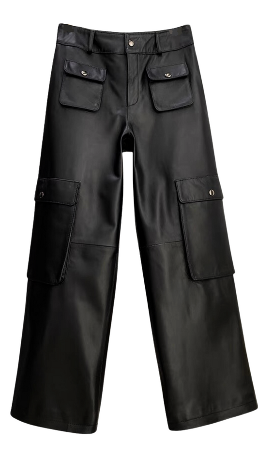 Cargo Leather Pants-Black