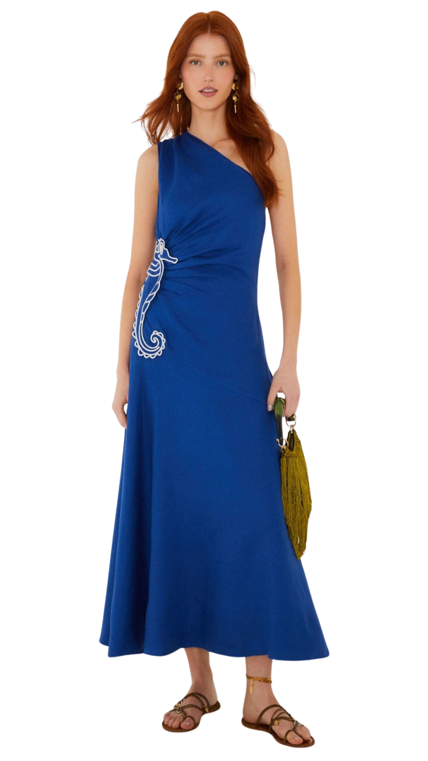 Blue Seahorse Embroidery One-Shoulder Maxi Dress