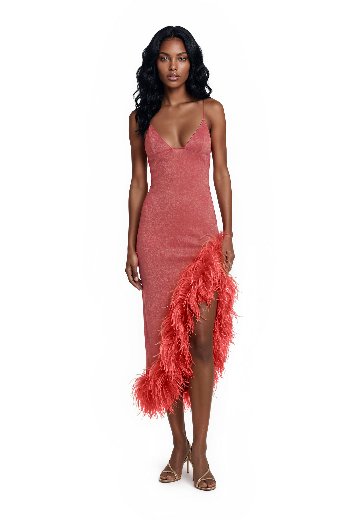 LUMIÈRE PLUMAGE ASYMMETRICAL DRESS -Coral
