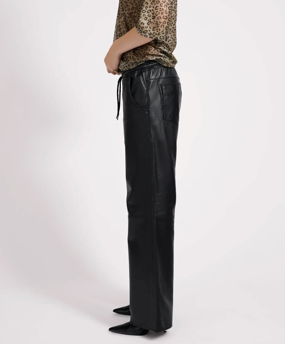 Roadhouse Mid Waist Wide Leg Drawstring Leather Pants - Black