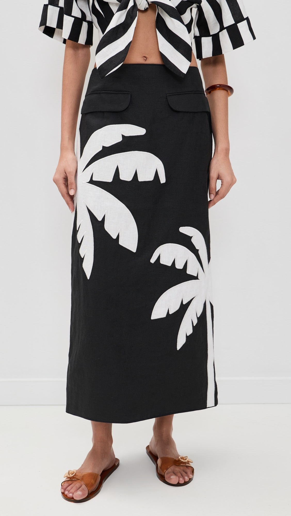 Black Embroidered Palm Tree Skirt Set