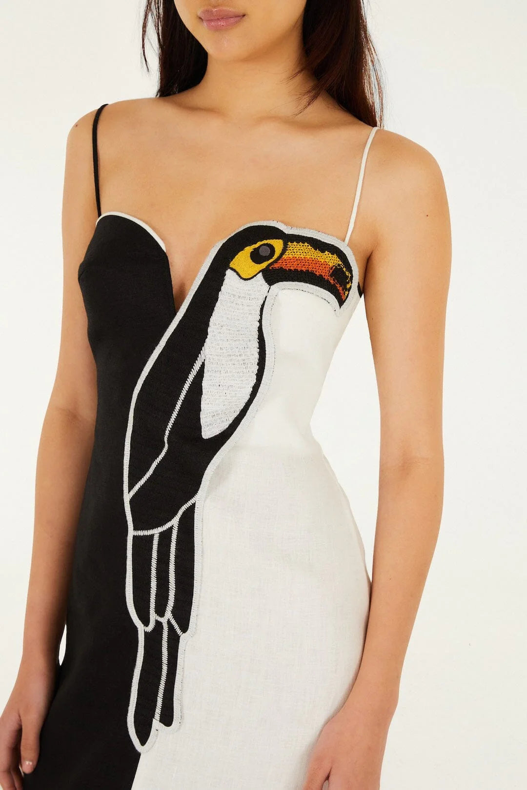 Black And White Embroidered Toucan Maxi Dress