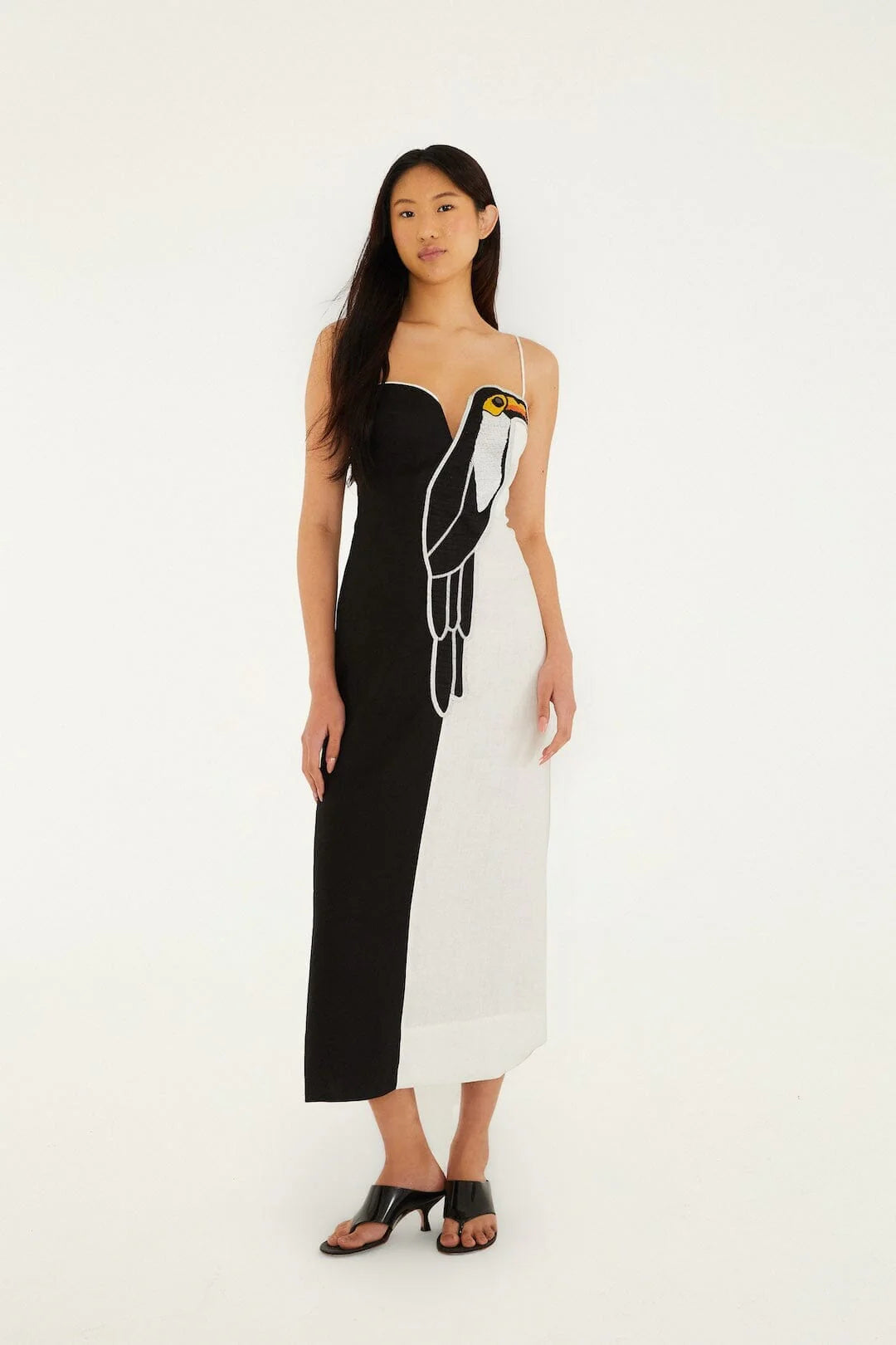Black And White Embroidered Toucan Maxi Dress