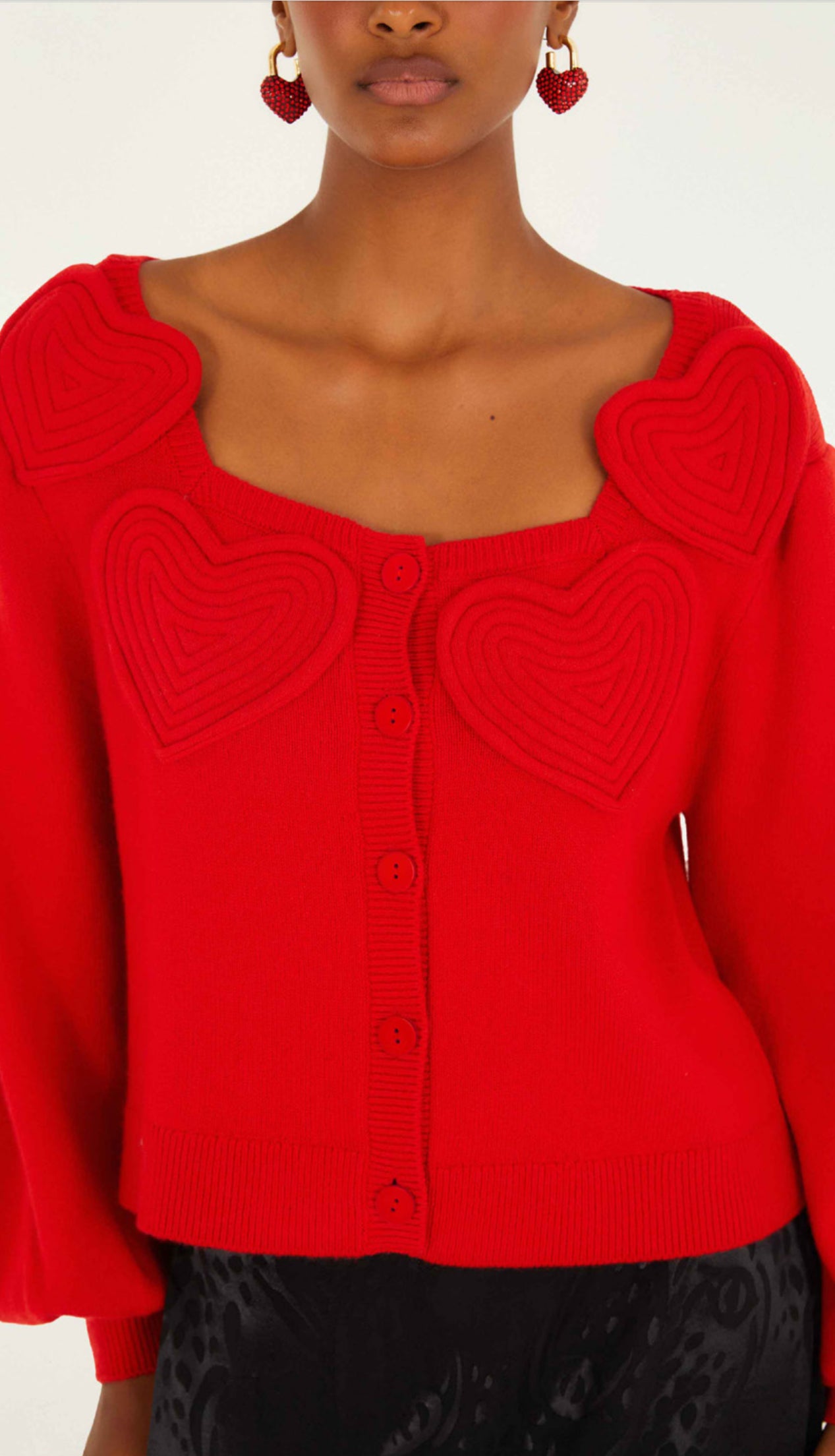Red 3d Heartful Puff Sleeve Knit Cardigan