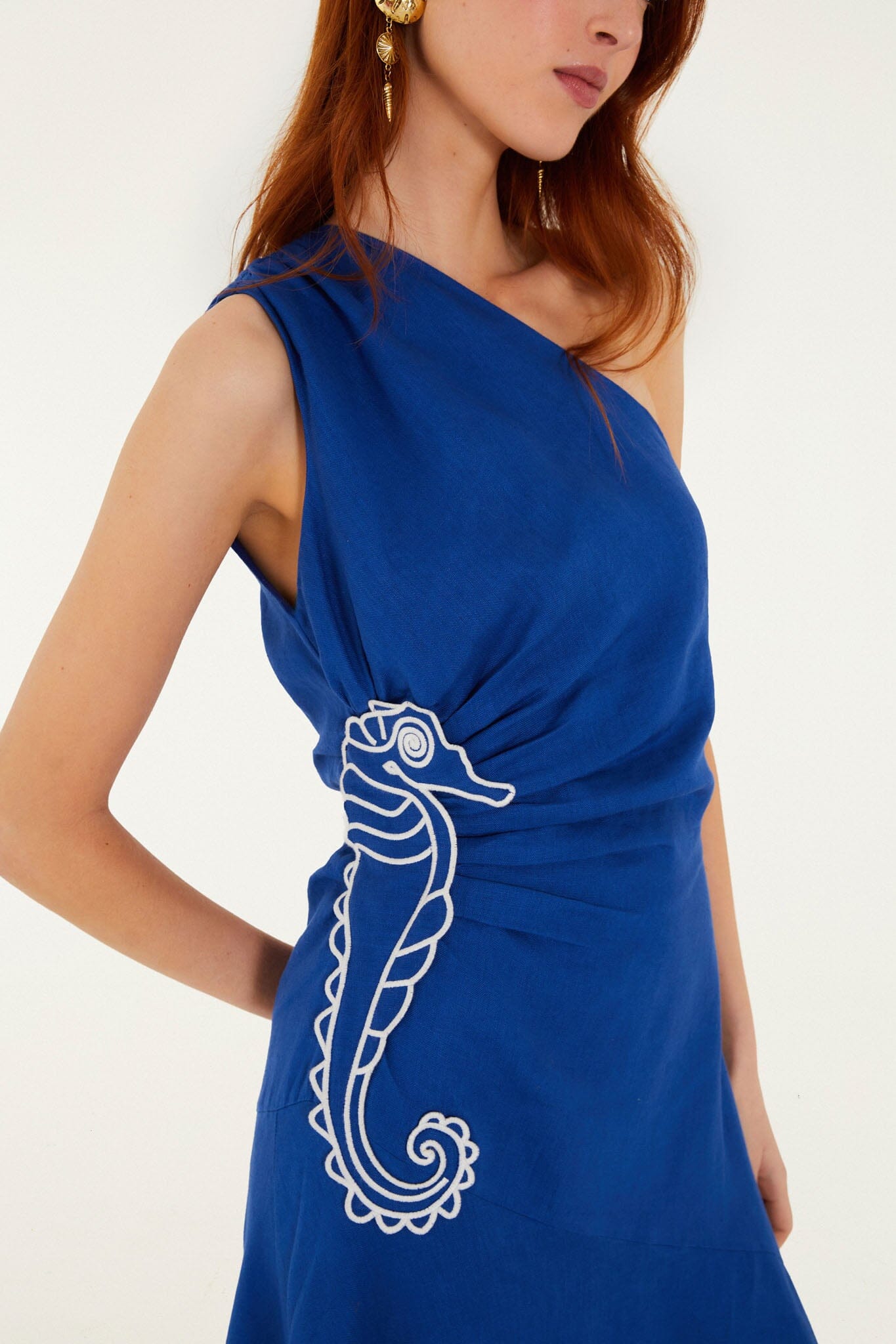 Blue Seahorse Embroidery One-Shoulder Maxi Dress