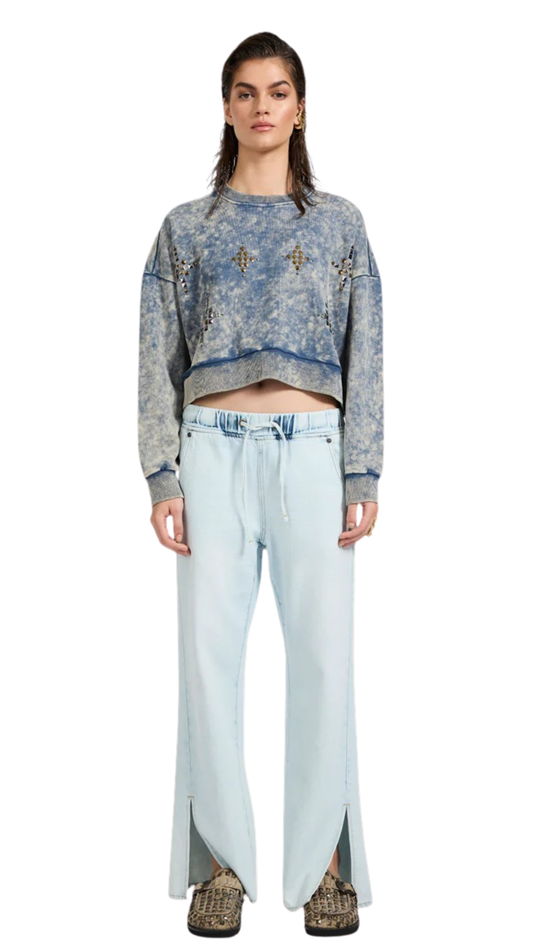Fleece Cropped Star Studded Sweater - Acid Wash Blue