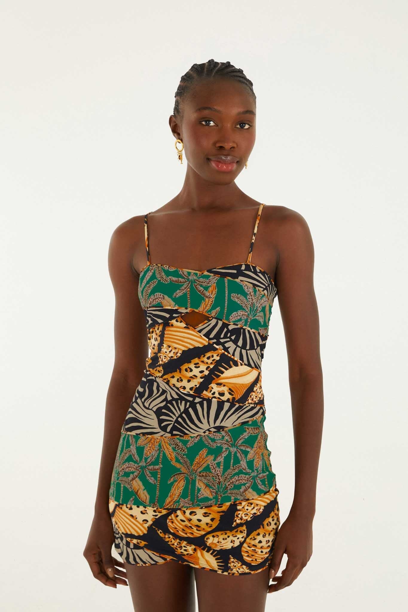 Mixed Patchwork Cut-Out Slim Mini Dress
