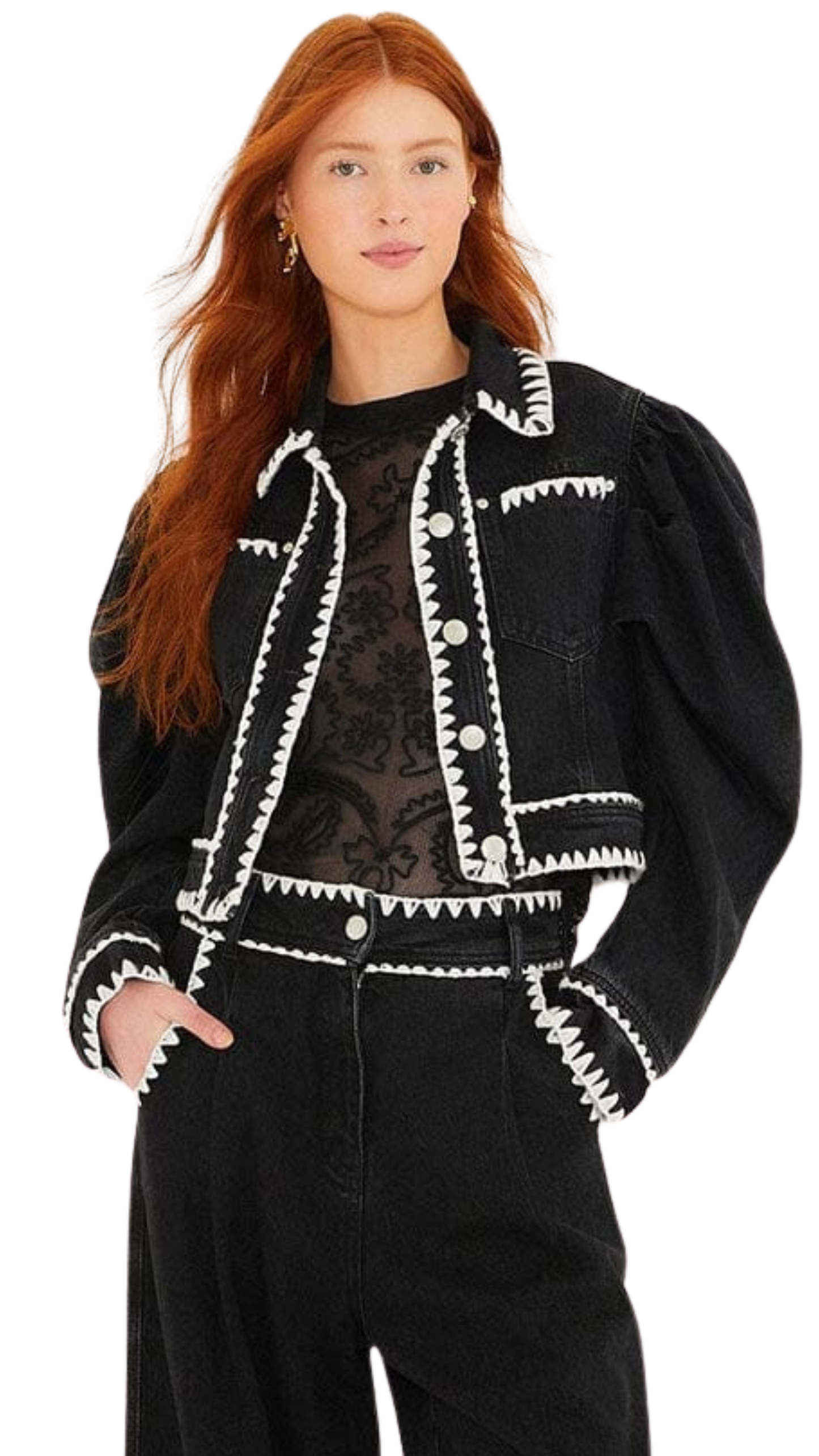 Black Romantic Crochet Embroidery Puff Sleeve Denim Jacket