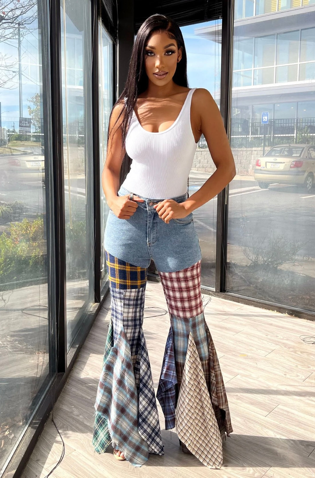 Plaid Denim Pants