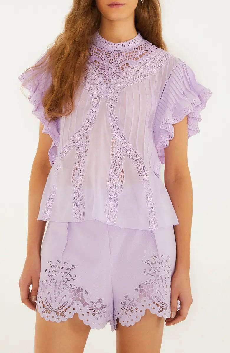 Lace Ruffle Sleeve Shorts Set