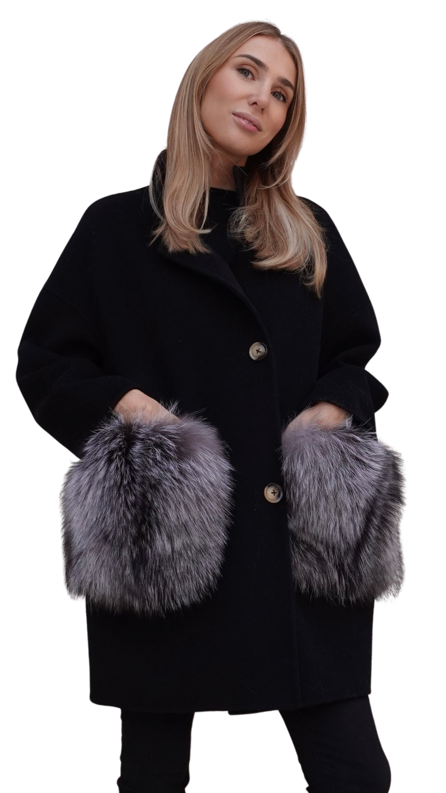 Chelsea Cashmere Coat Silver Fox Pockets - Black