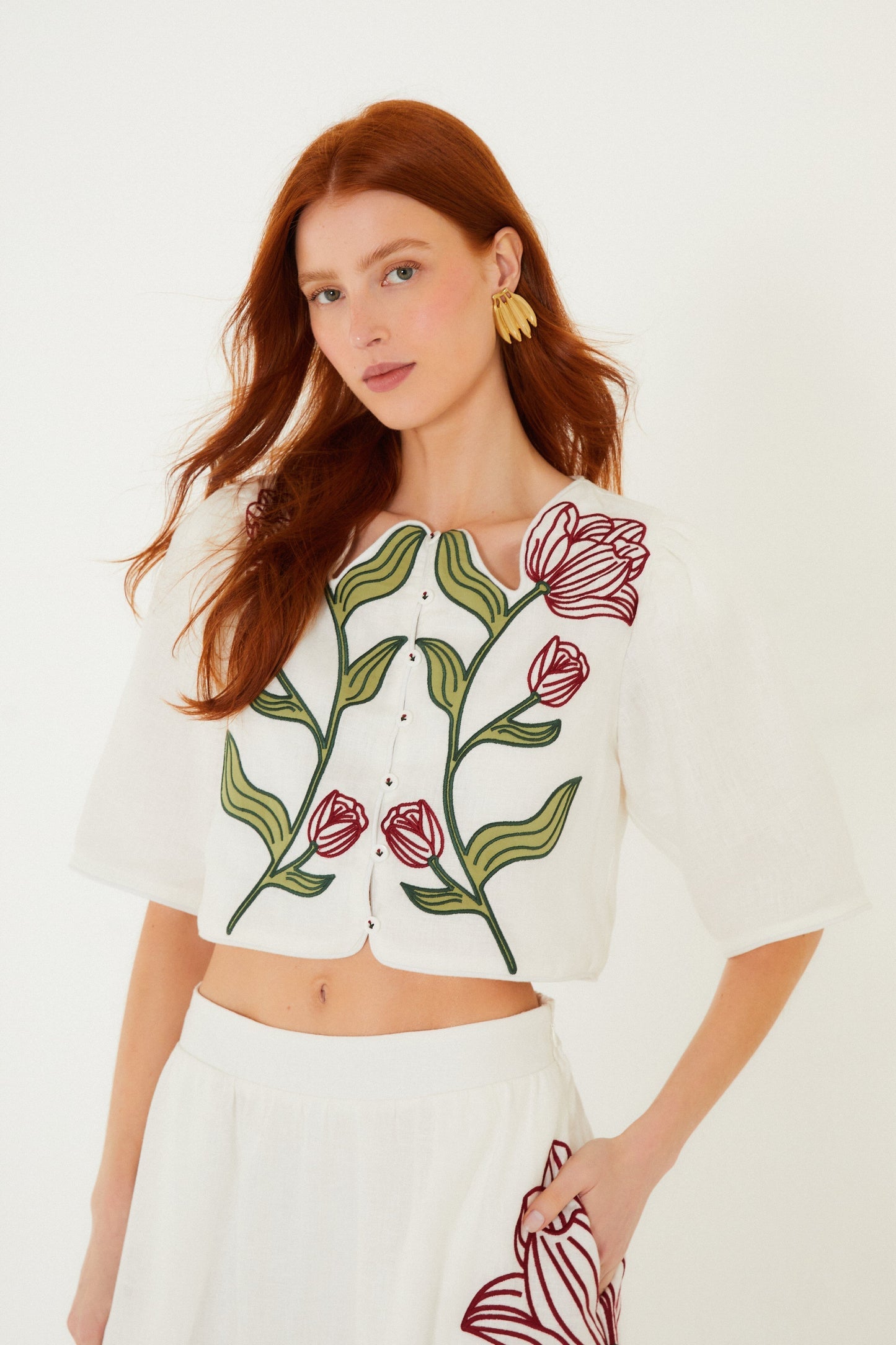 Off-White Flower Embroidered Skirt Set