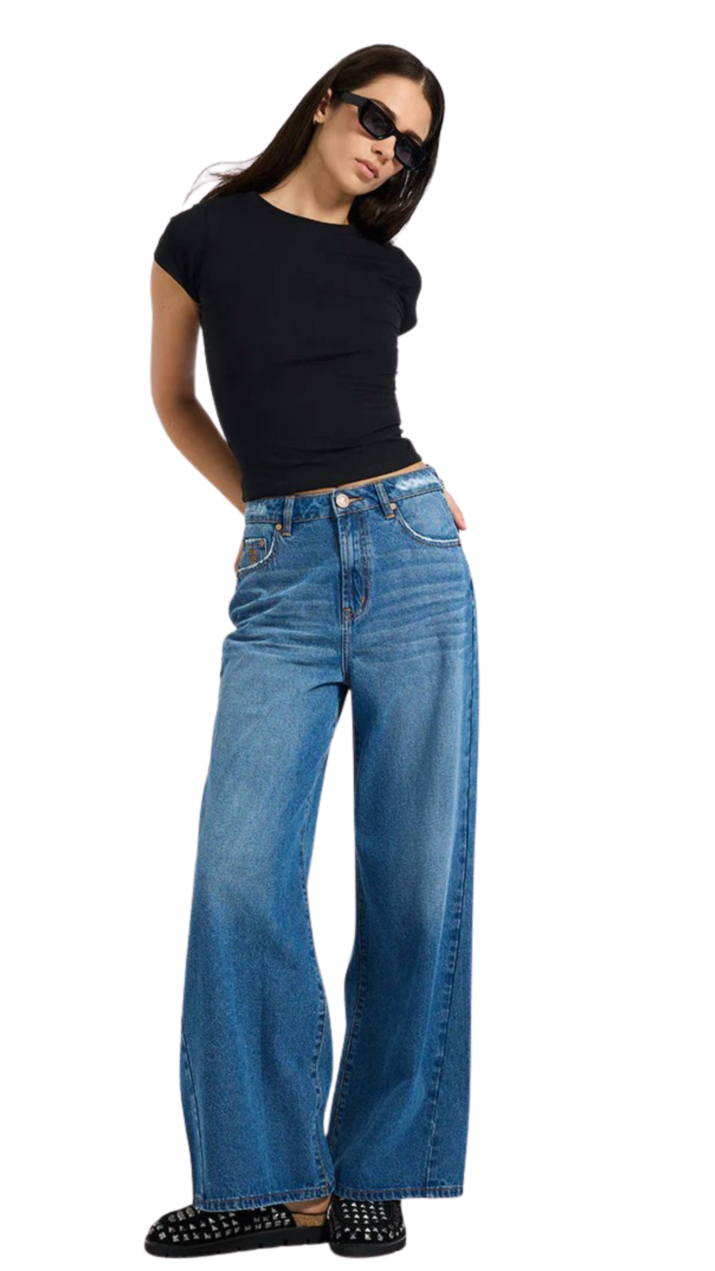 Love Machines Mid Waist Super Wide Leg Denim Jeans- Pacifica