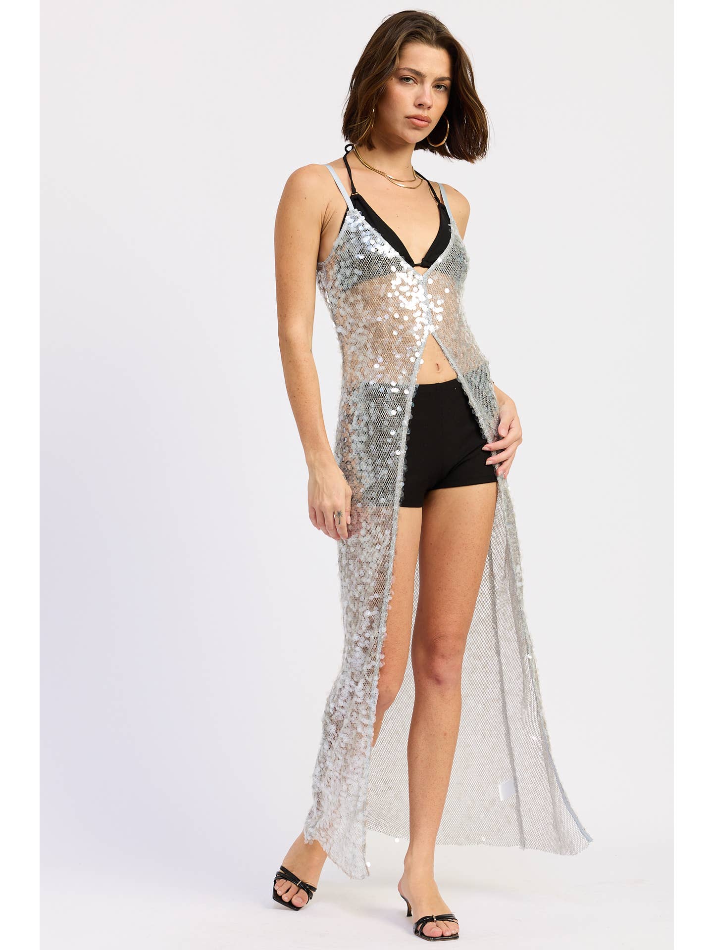 Sheer Sequin Maxi Overlay Top – Silver