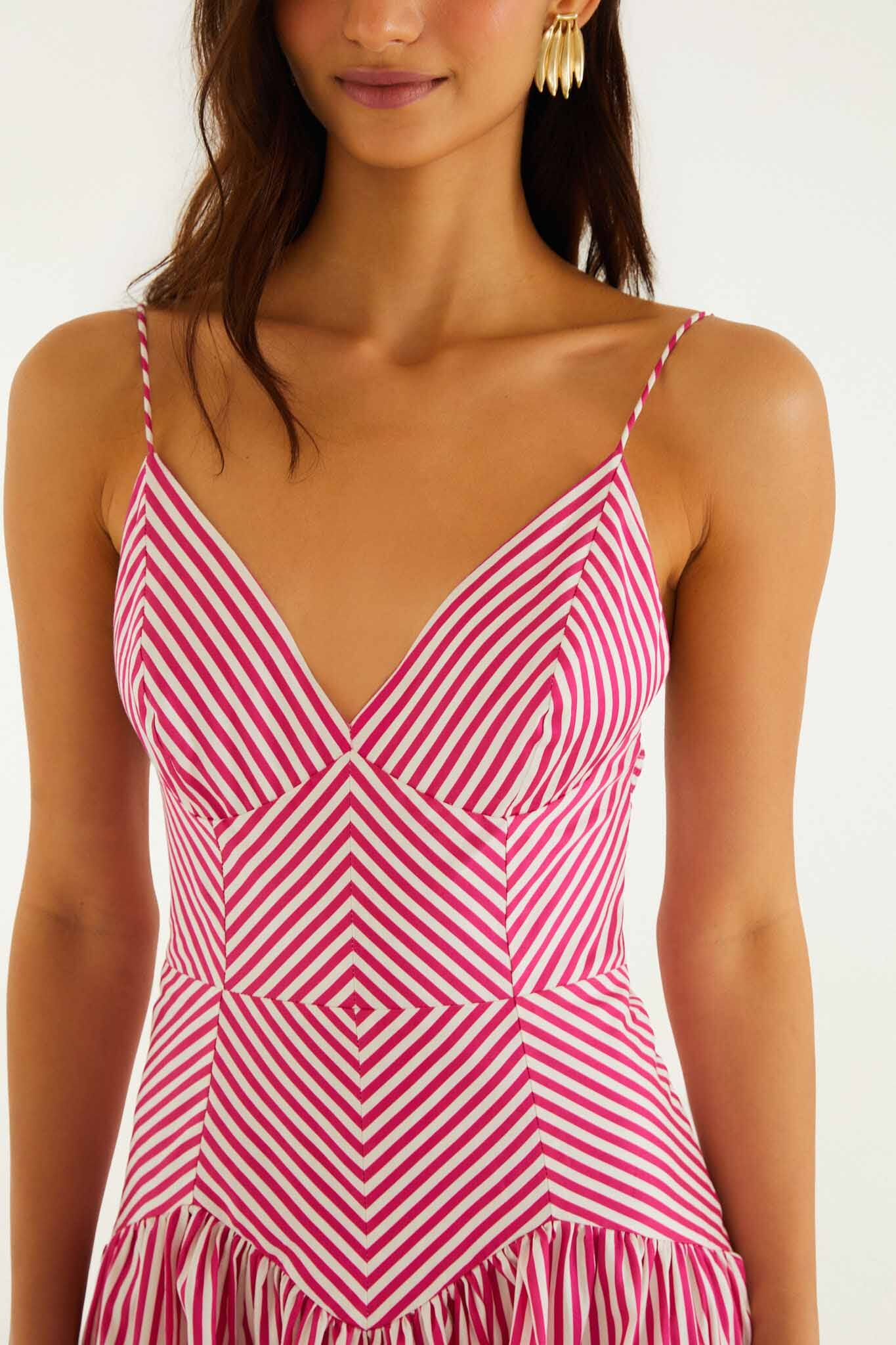 Pink Palm Tree Stripes Cutwork Midi Dress