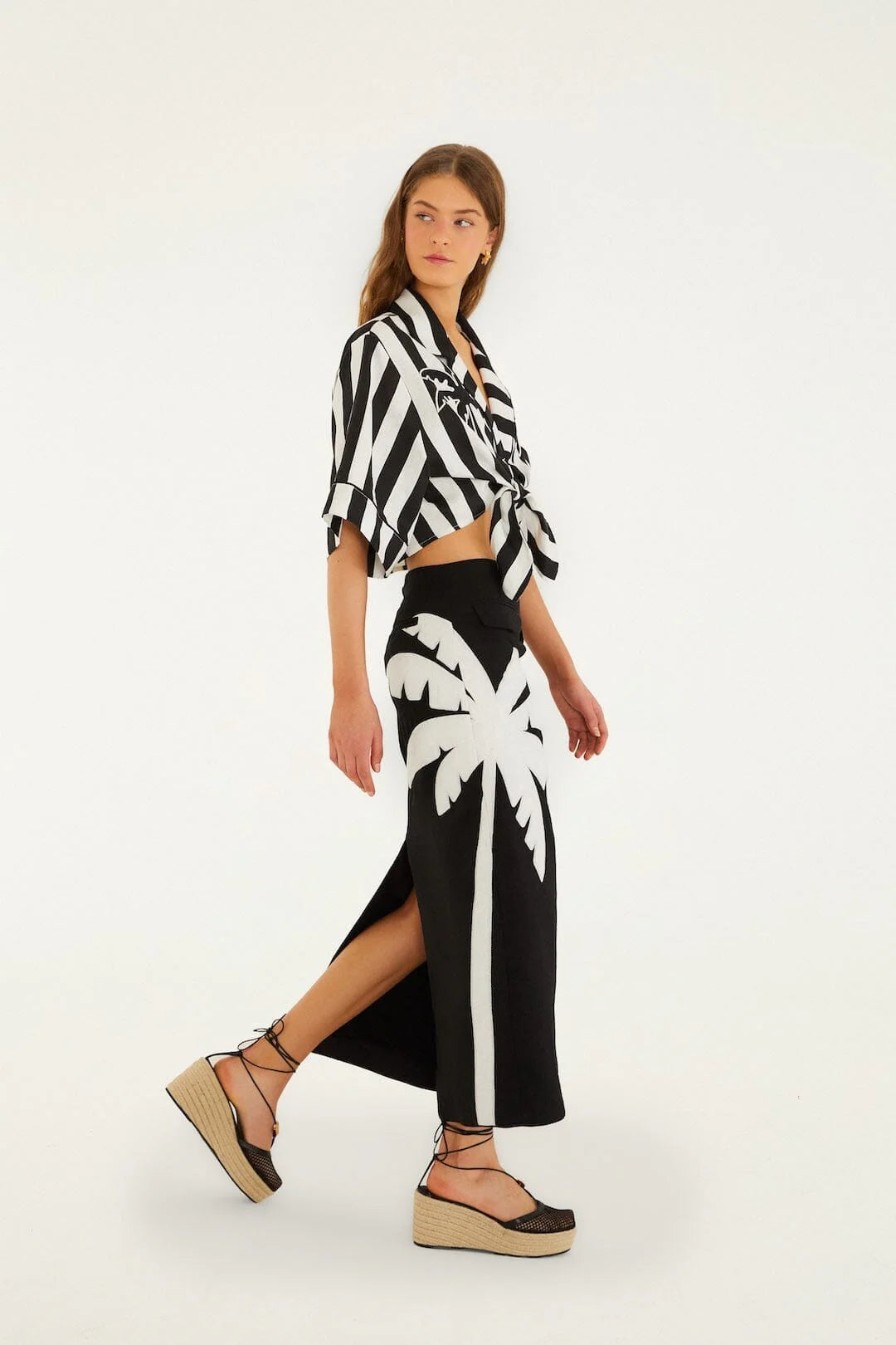Black Embroidered Palm Tree Skirt Set