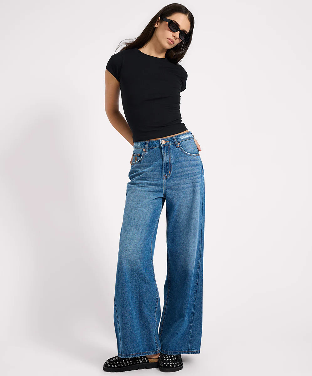 Love Machines Mid Waist Super Wide Leg Denim Jeans- Pacifica