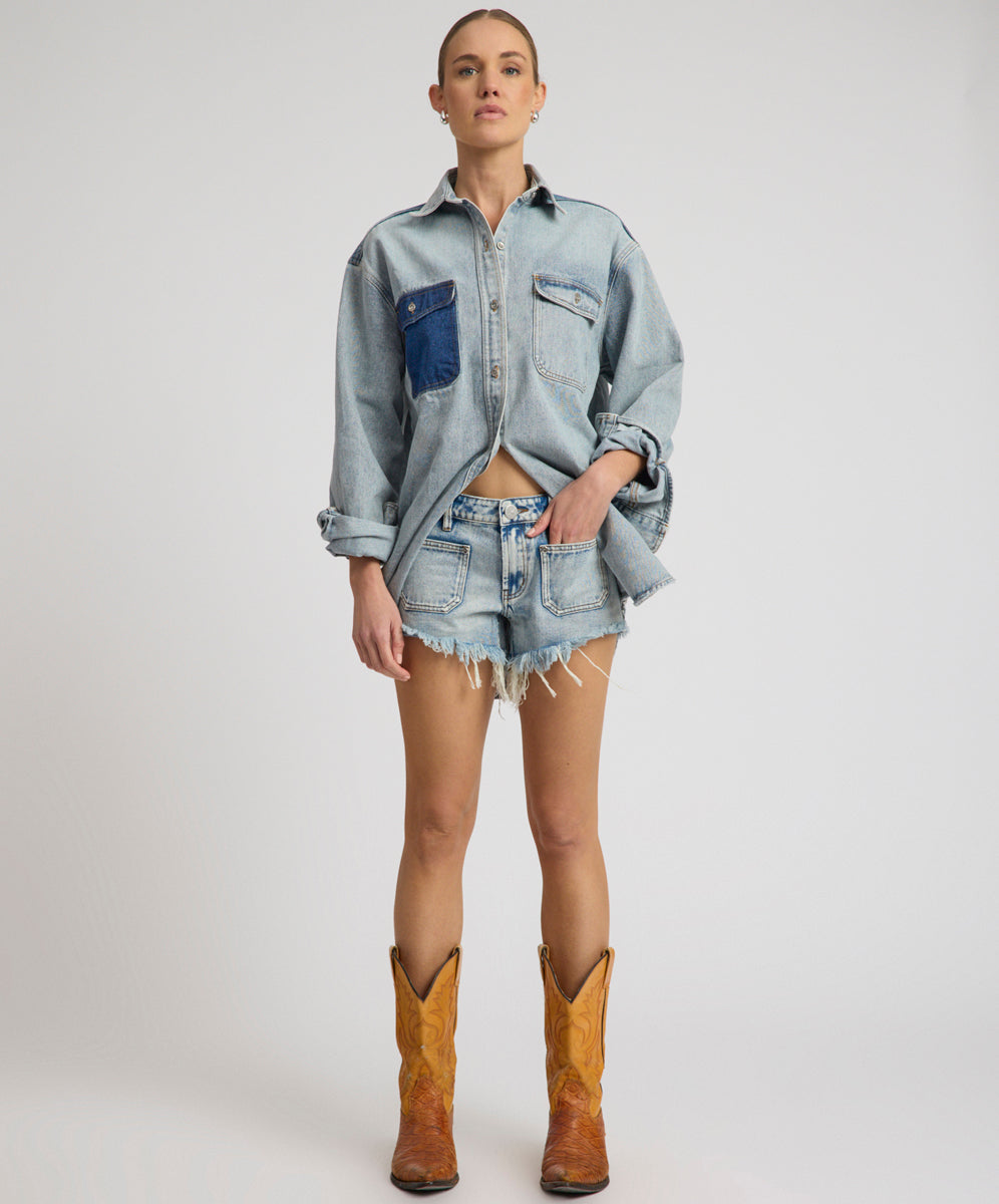 Retro Dukes Low Waist Mini Denim Shorts - Hendrixe Blue