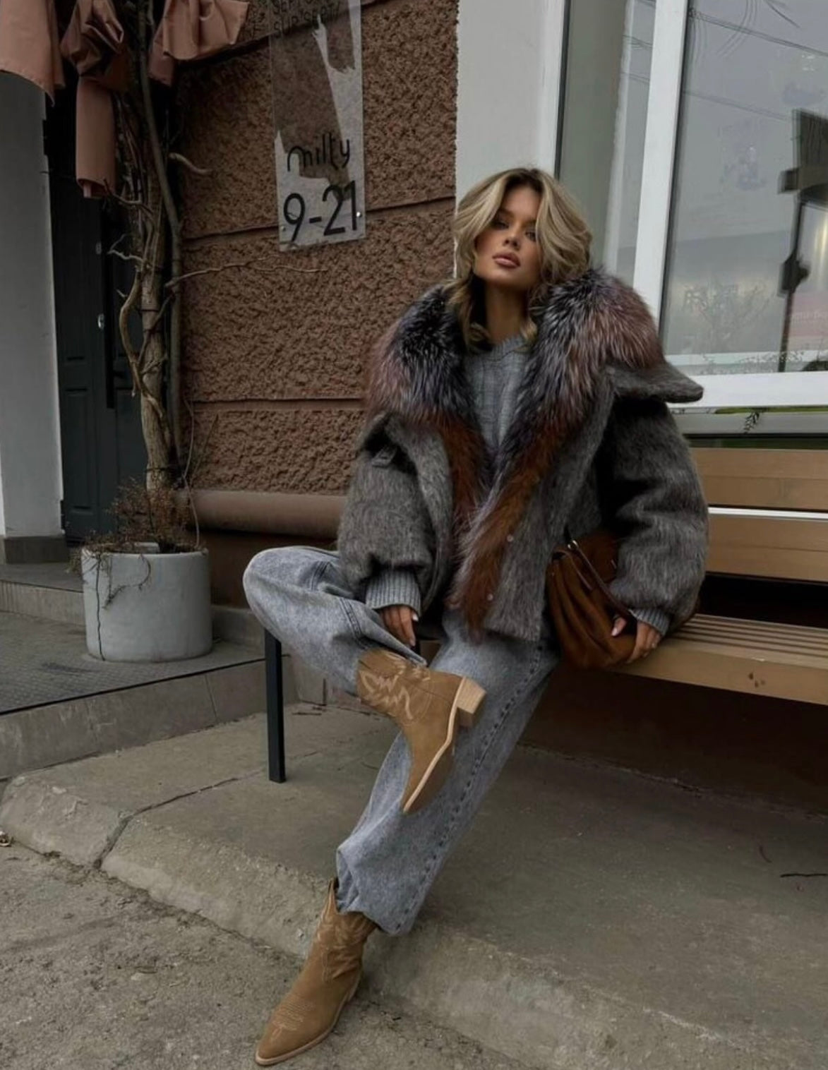 Arctic Silver Fox Fur Collar Jacket