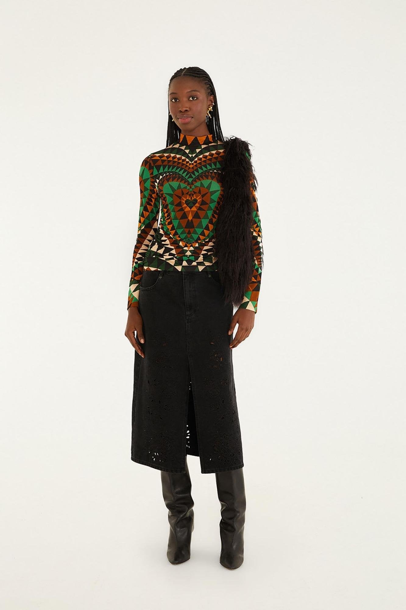 Black Cut-Out Richelieu Denim Skirt