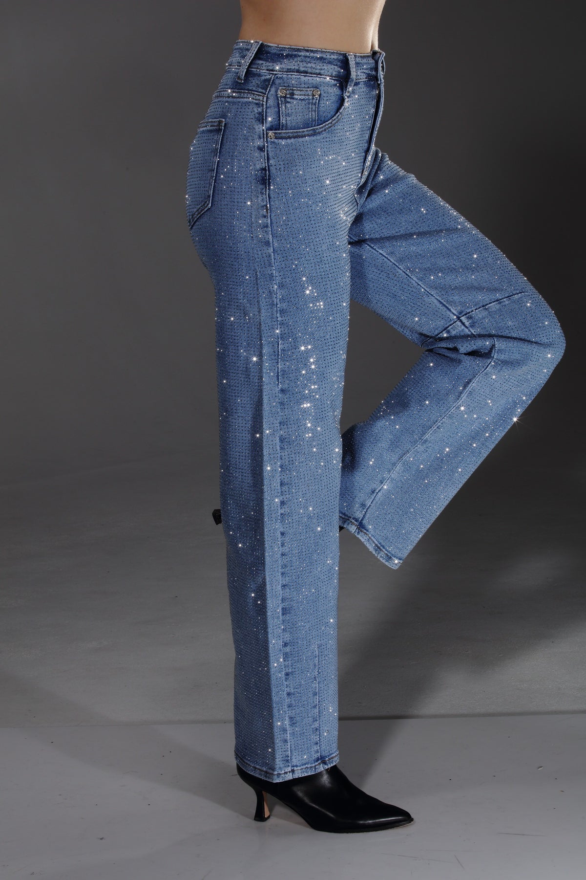 Diamond Glow Barrel Jeans-Blue