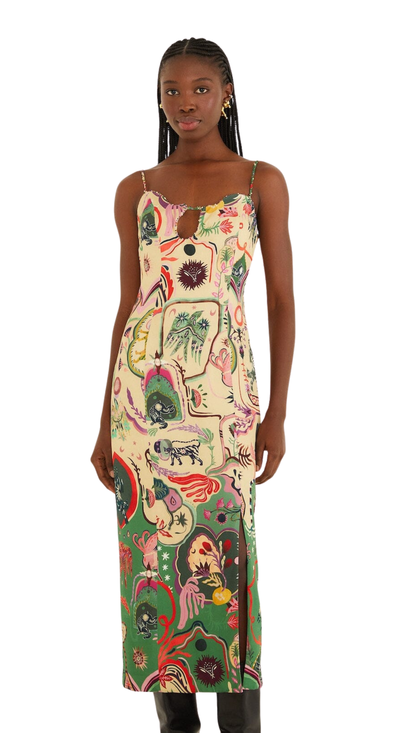 Beige Artsy Surreal Land Beaded Sleeveless Midi Dress