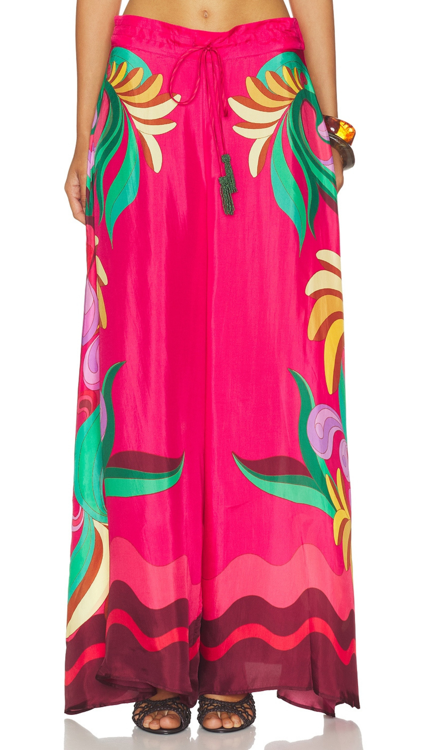 Multicolor Nature Beaded Tasssels Wide-Leg Pants