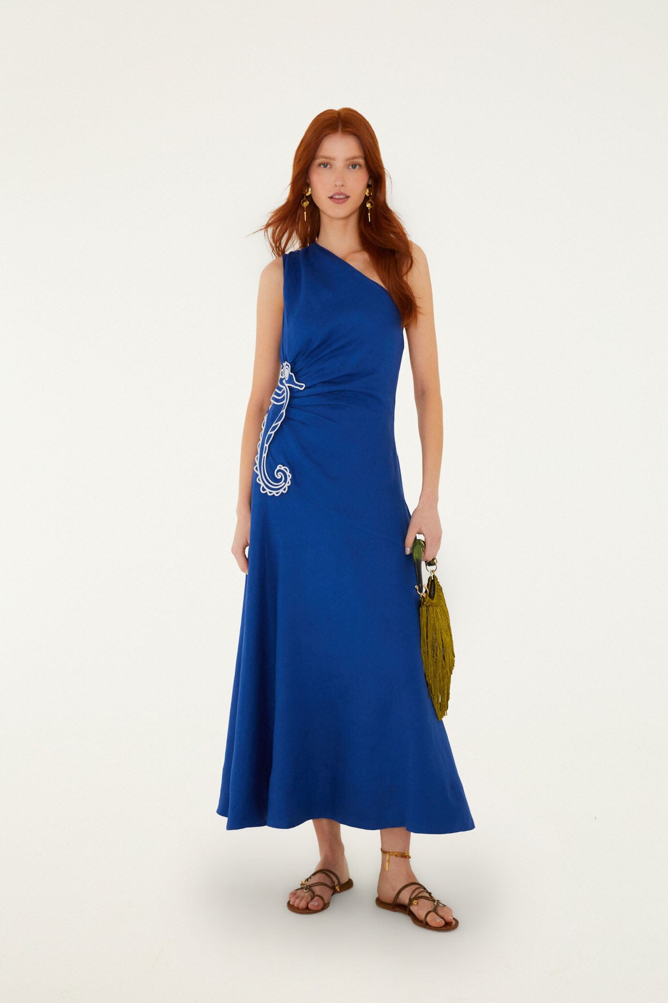Blue Seahorse Embroidery One-Shoulder Maxi Dress