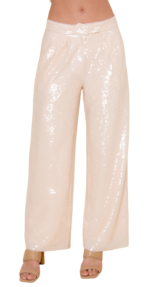 Champagne Sequin Straight-Leg Pants