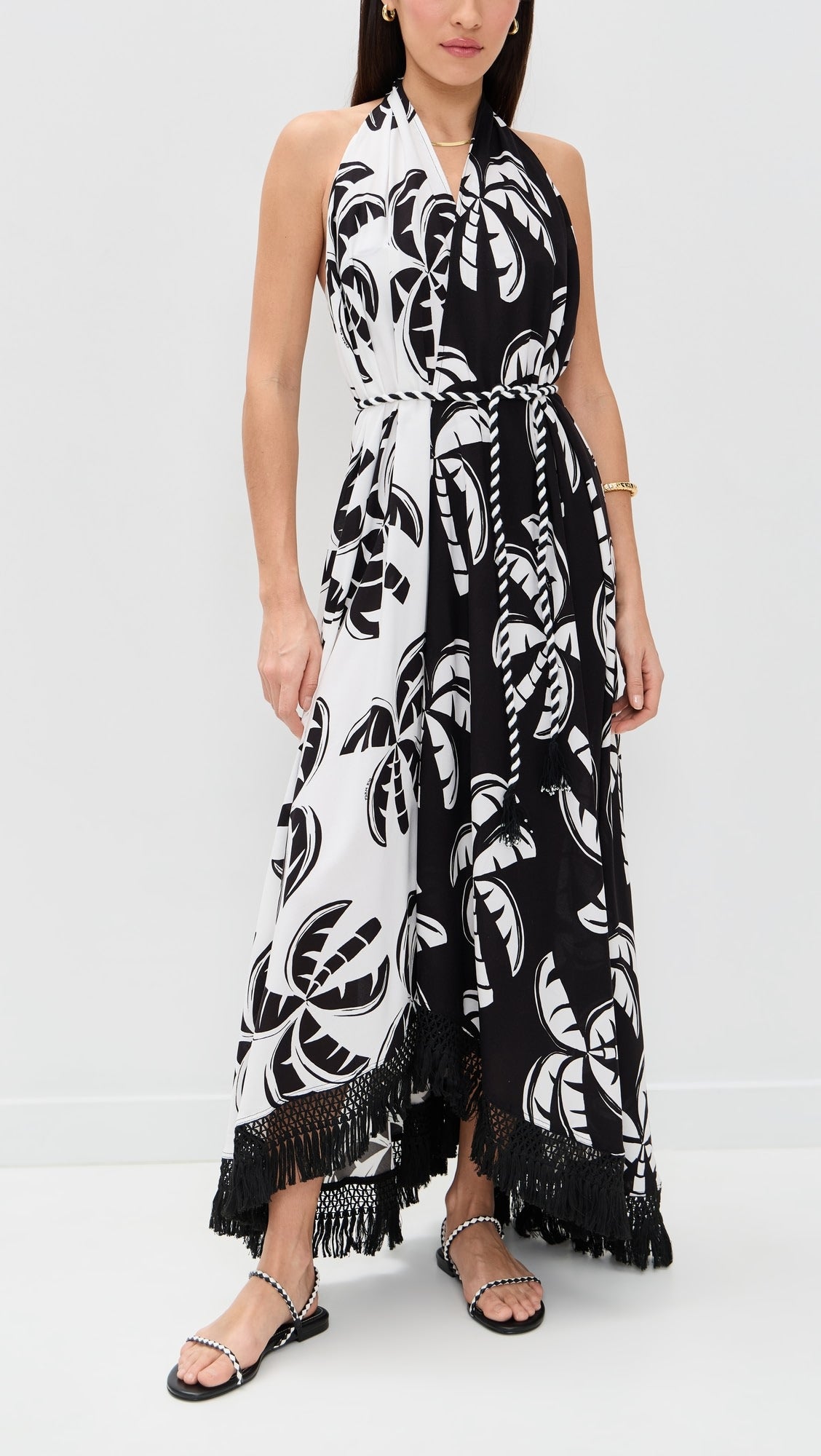 Black And White Graphic Palms Belted Maxi Dress