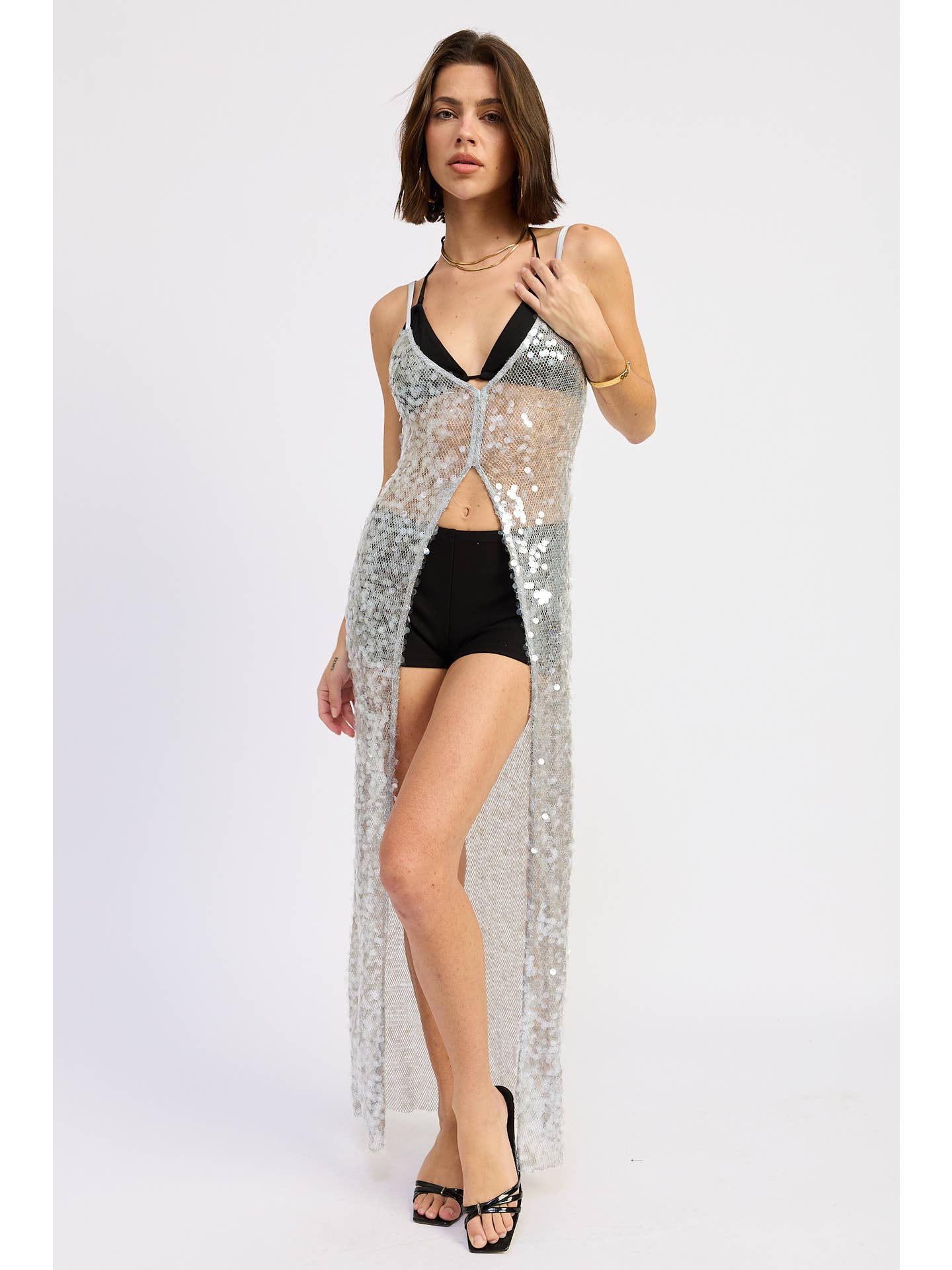 Sheer Sequin Maxi Overlay Top – Silver