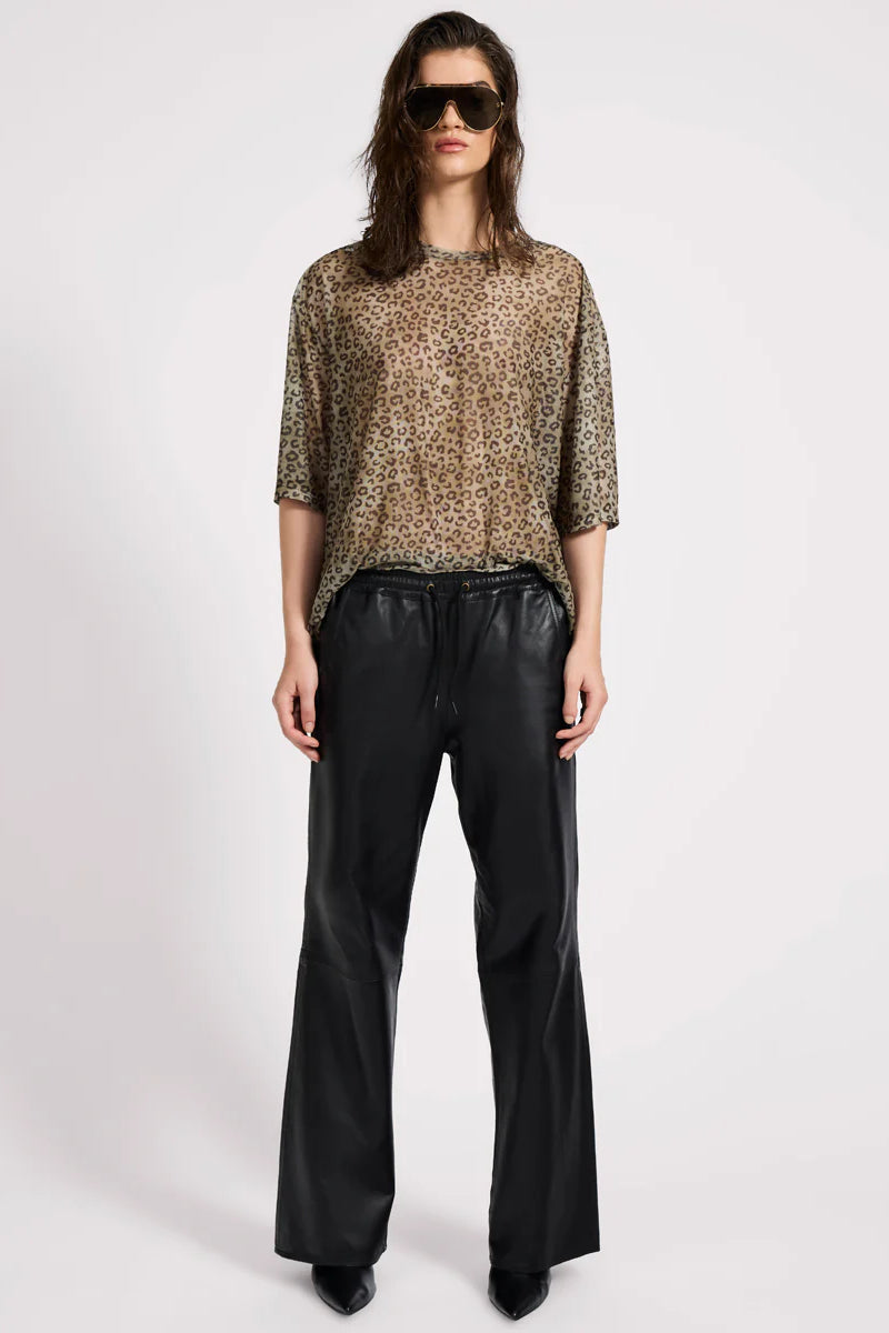 Roadhouse Mid Waist Wide Leg Drawstring Leather Pants - Black