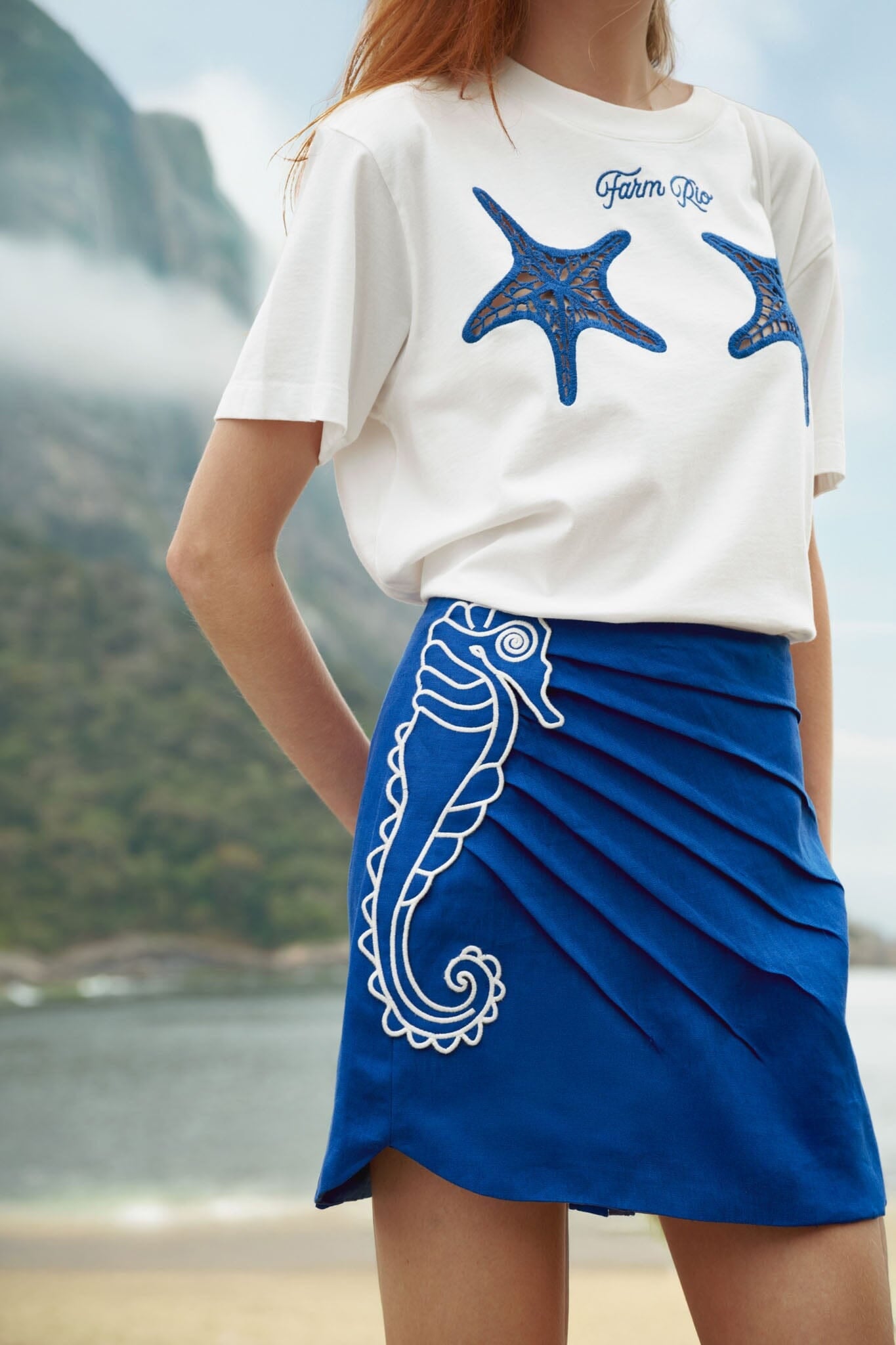Blue Seahorse Embroidery Mini Skirt