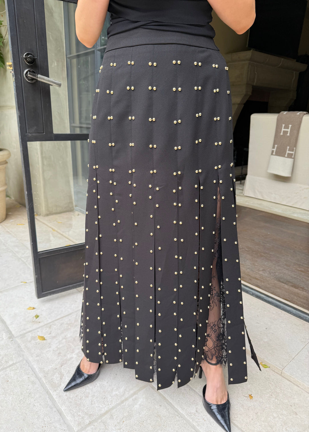 Monroe Studded Lace Skirt – Black