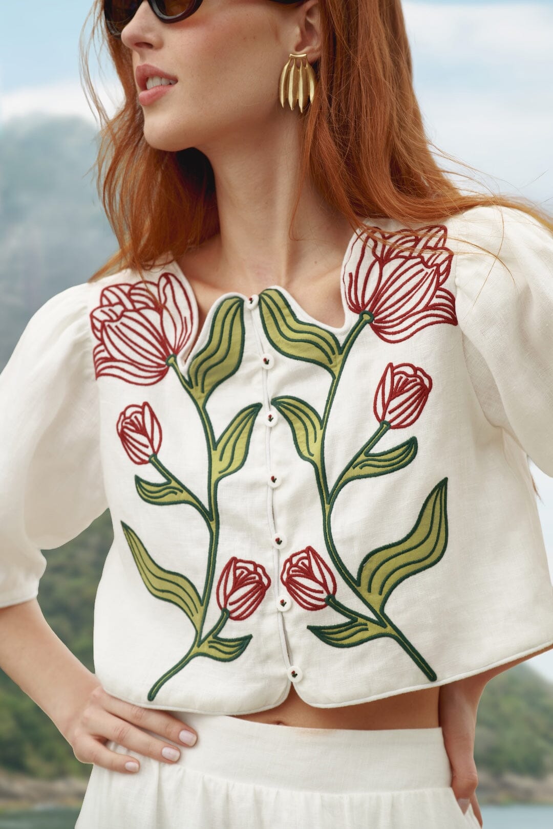 Off-White Flower Embroidered Skirt Set