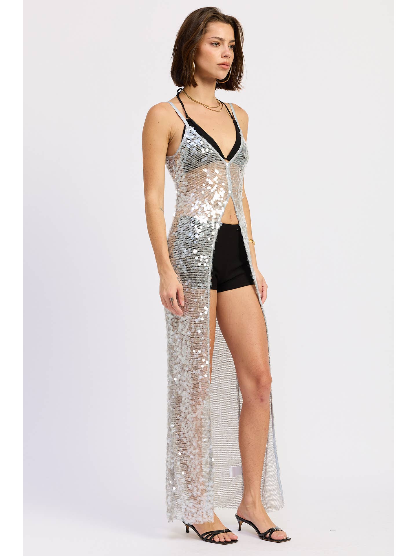 Sheer Sequin Maxi Overlay Top – Silver