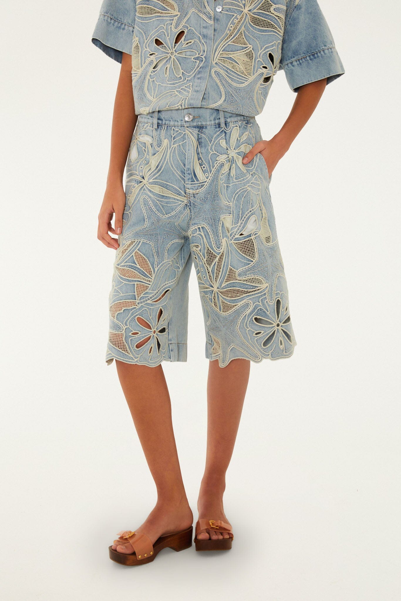 Denim Sea Desire Embroidered Bermuda Shorts