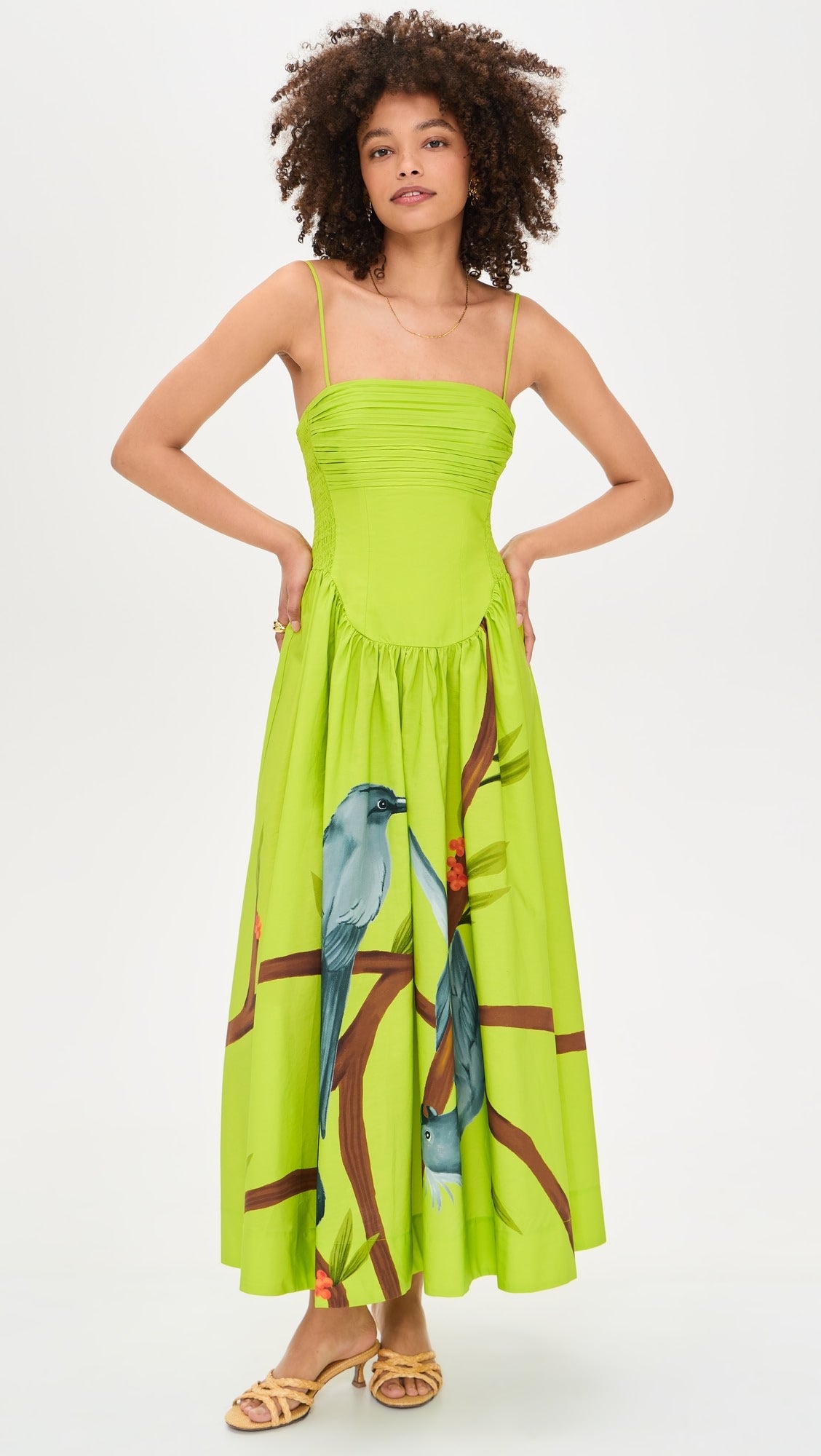 Green Birds Smocked Maxi Dress
