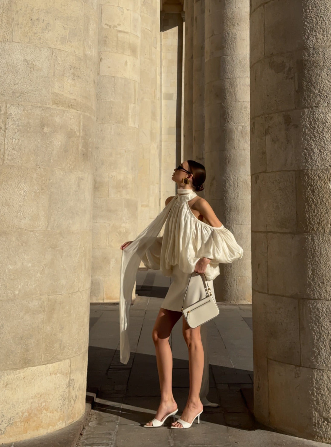 Draped Lantern Sleeve Halter Top- Butter